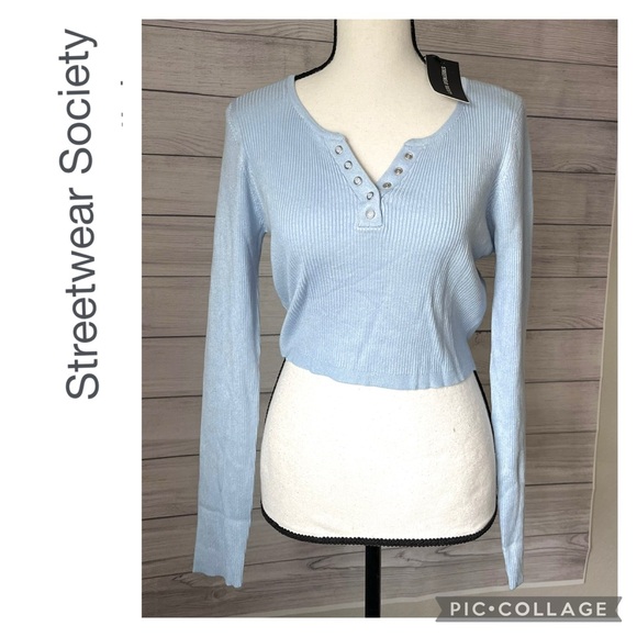 NEW STREETWEAR SOCIETY RIBBED HENLEY RAYON BLEND CROPPED LS SOFT TOP - Picture 1 of 4
